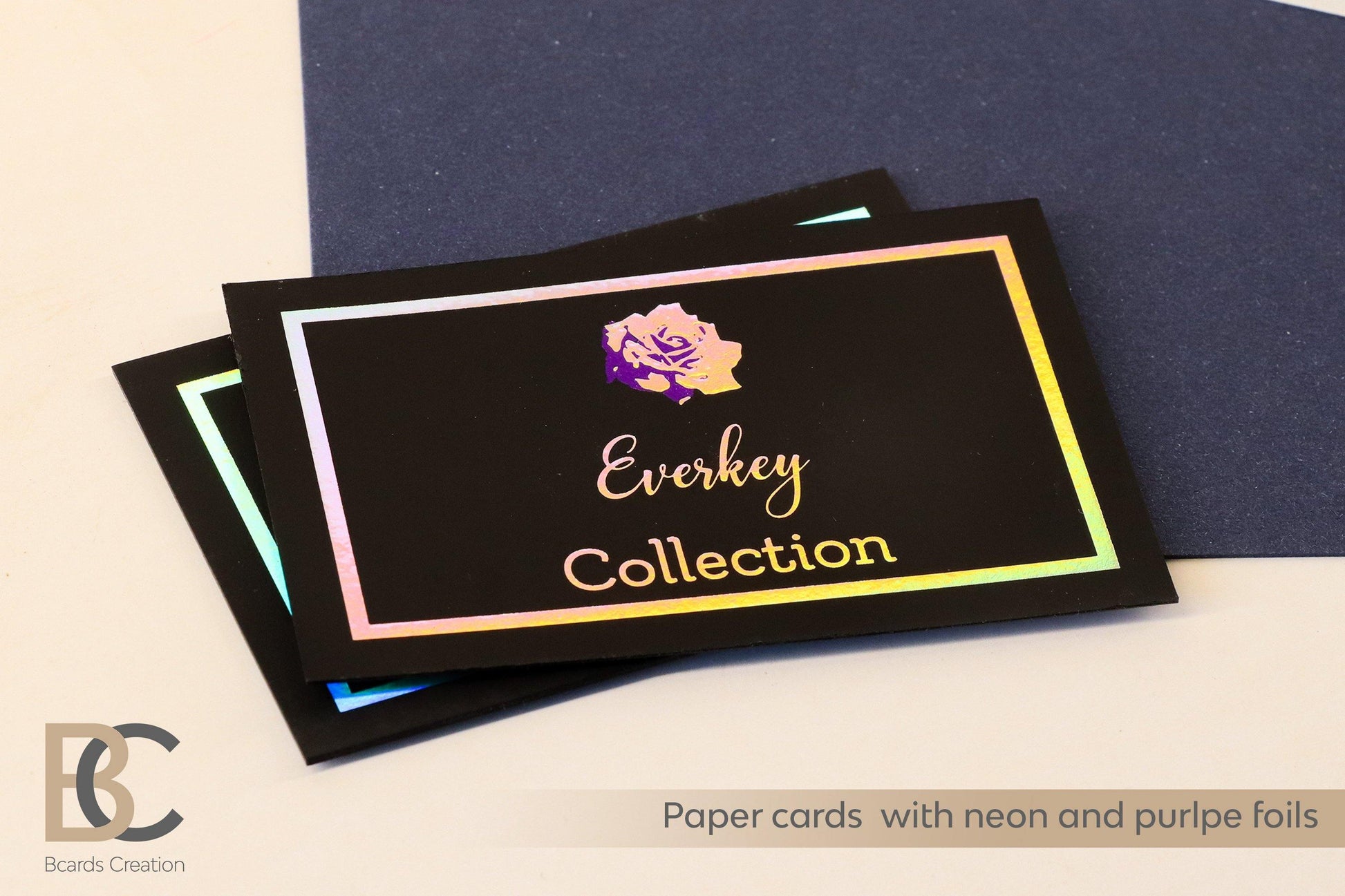 Fine Paper Double layered Business Card with Neon and Purple Foils, Thick Colored Paper Holographic Unique Business Cards - BcardsCreation