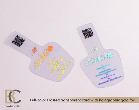CUSTOM SHAPE plastic frosted business cards with 1-3 foils, full color printing | transparent minimal design | House nail polish bottle QR - BcardsCreation