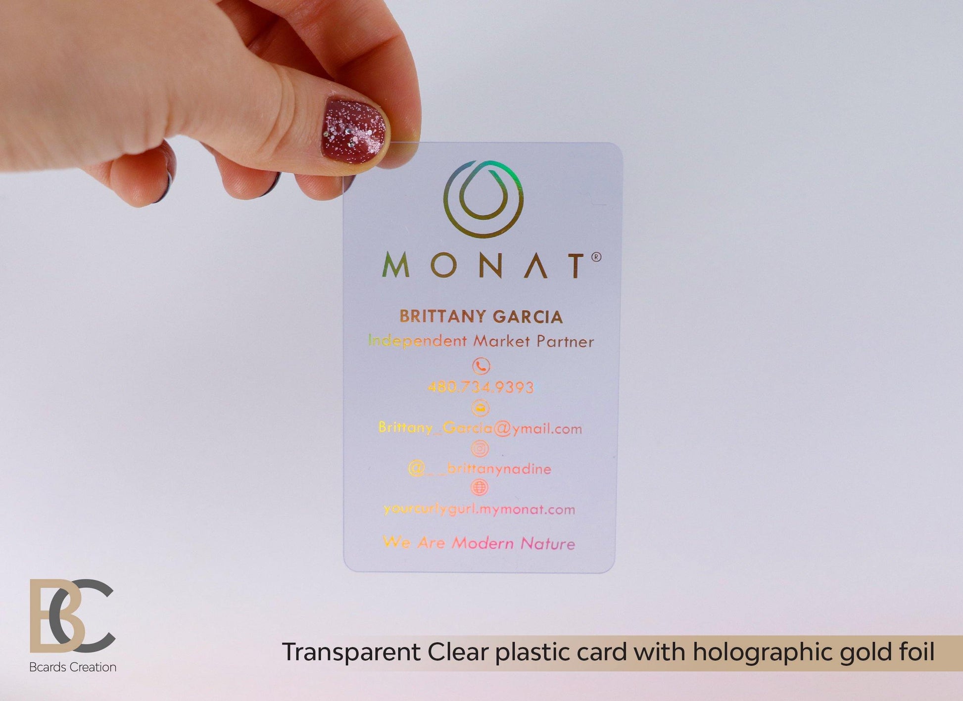 MONAT LOGO Clear Business card with Holographic gold, Neon foil. Glossy Transparent Plastic Business Cards, 1-3 Foils - BcardsCreation