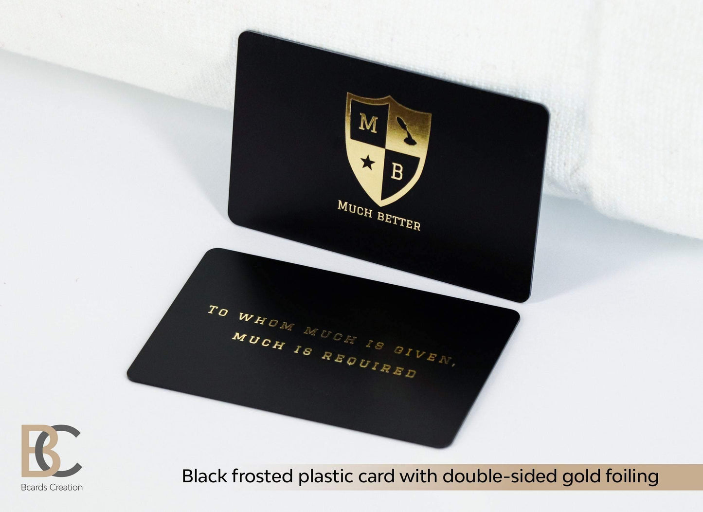 Black Frosted plastic card, 1-3 foils, full color printing, double sided, Real gold foil | Thick PVC Plastic Business Cards - BcardsCreation