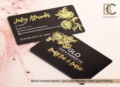 Black Frosted plastic card, 1-3 foils, full color printing, double sided, Real gold foil | Thick PVC Plastic Business Cards - BcardsCreation