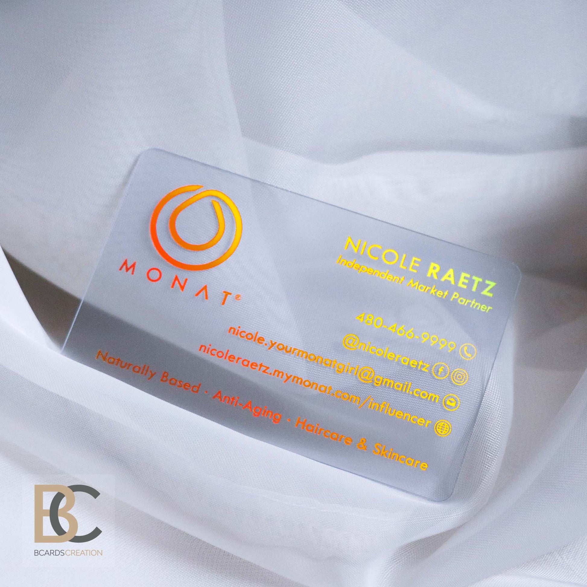 MONAT Business Cards | Foiled Clear Plastic | Holographic, Gold, Neon foils BcardsCreation
